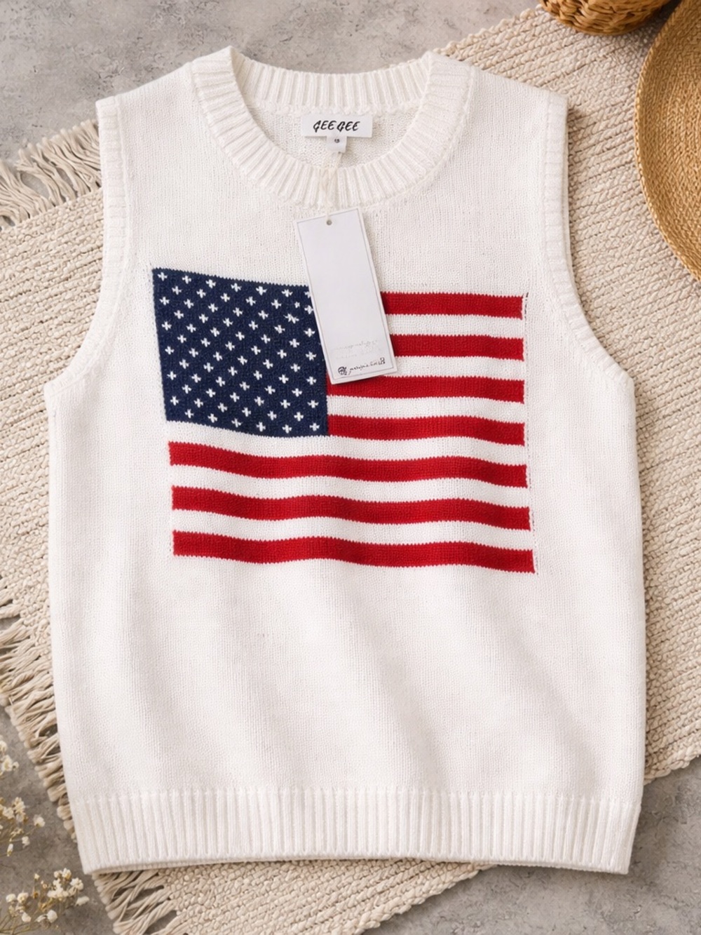 GeGe lightweight knit Vest top Womens USA Flag Stars & Stripes Sleeveless spring - Picture 3 of 4